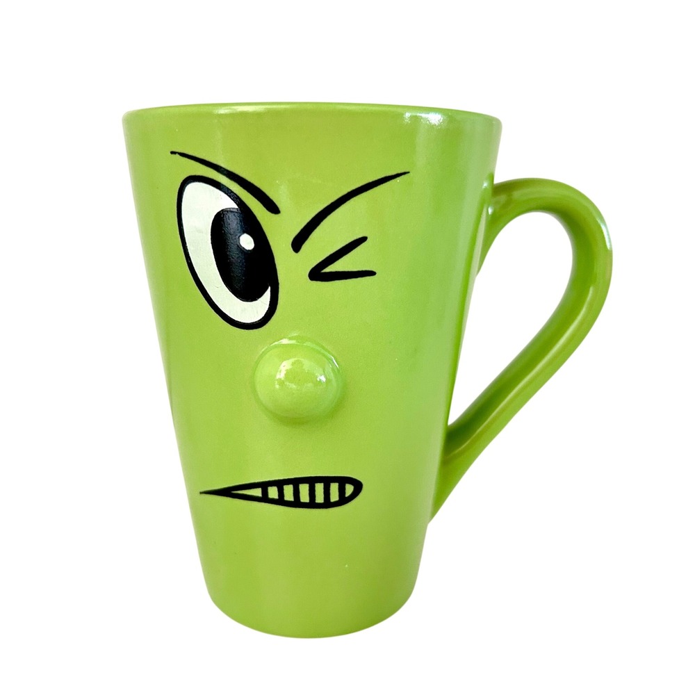 Lime Green Winking Face 3D Nose Ceramic Coffee Mug Novelty Latte Cup